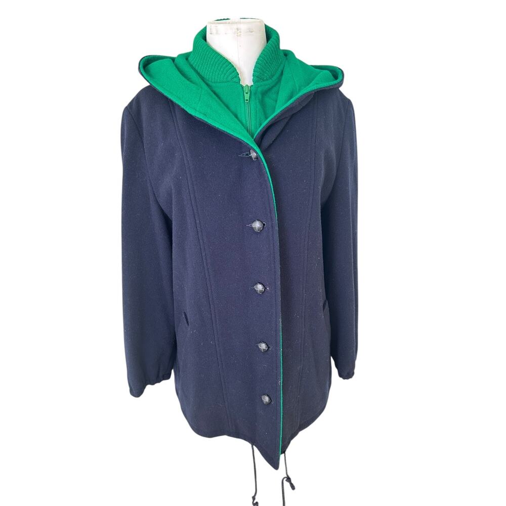 Vintage MacKintosh Vestcoat Navy Blue Green Button Wool Coat Hooded 14 Preppy